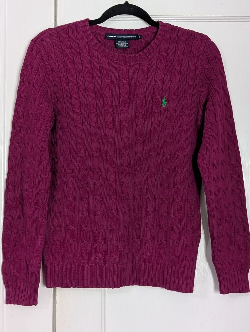 Ralph Lauren Sport Long Sleeve Cable Knit Sweater Berry Magenta Vtg Women's Sz L